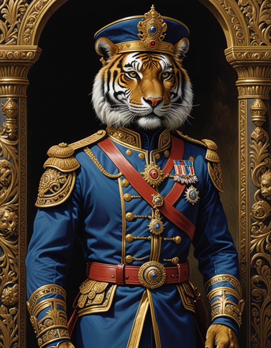 Regal Tiger in Maharaja's Guard Uniform, in Vibrant Blue and...