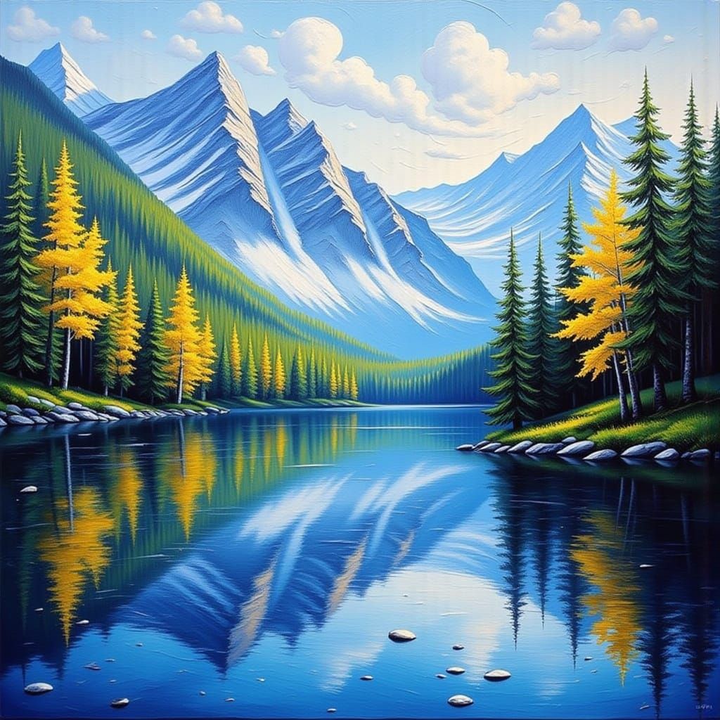 Impasto Mountain Lake Landscape with Thick Brushstrokes