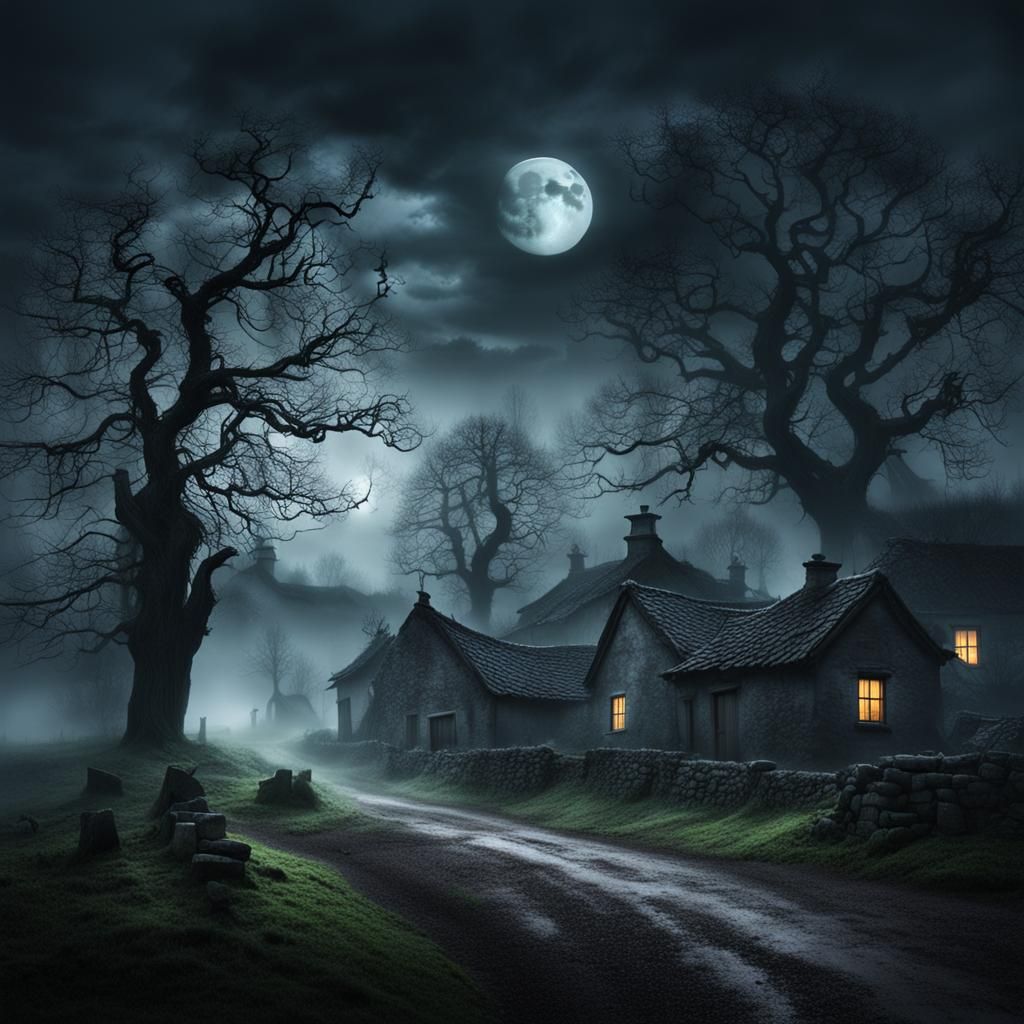 Eerie Village Under a Bright Moon