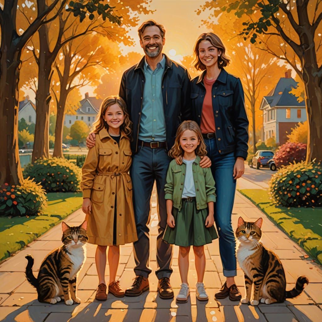 Joyful Family Portrait with Cats in Golden Hour Park