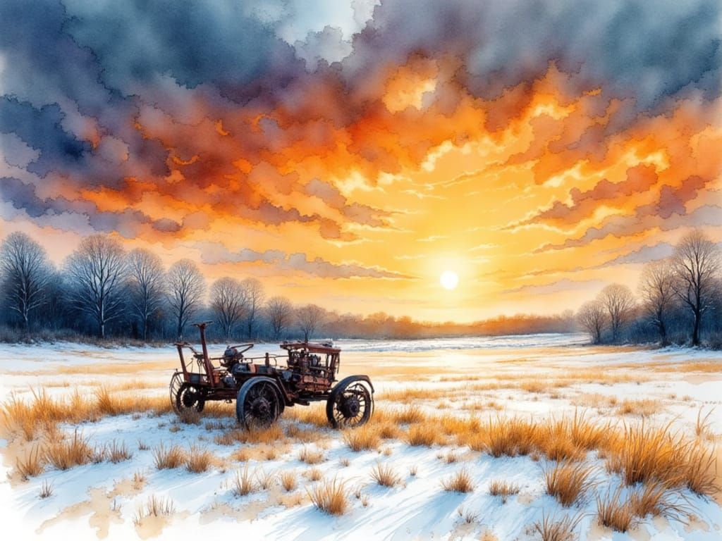 Majestic Sunset Winter Scene with Rusty Farm Equipment