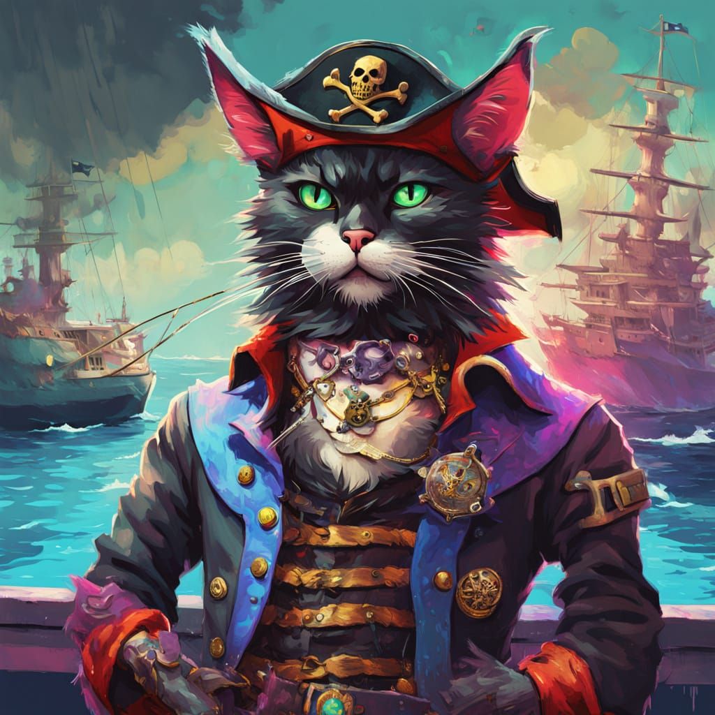 Demonic Pirate Cat Glitch Portrait in Street Art Style