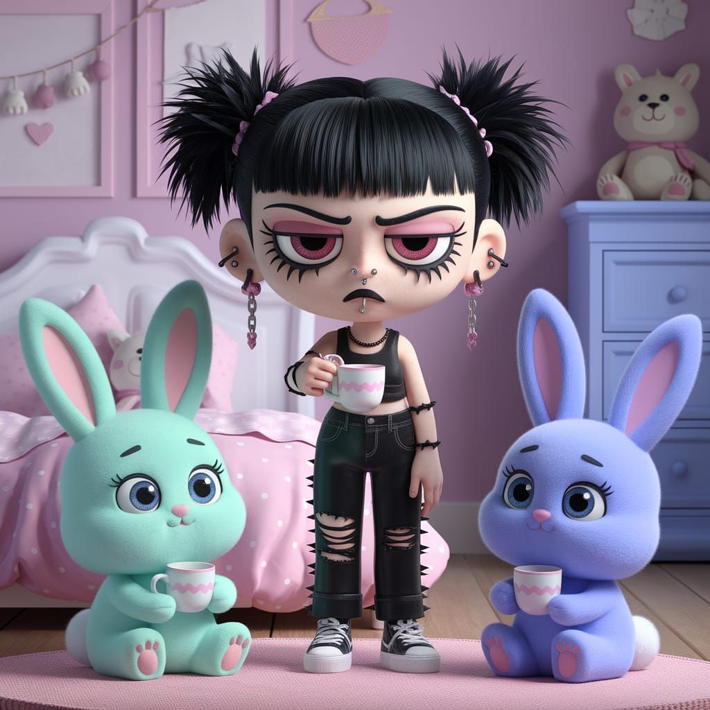 Gothic Girl and Pastel Bunnies Enjoying Tea