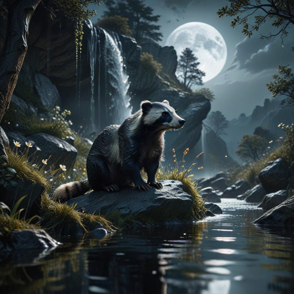 Majestic Badger and Moonlit Waterfall in Photorealistic Styl...