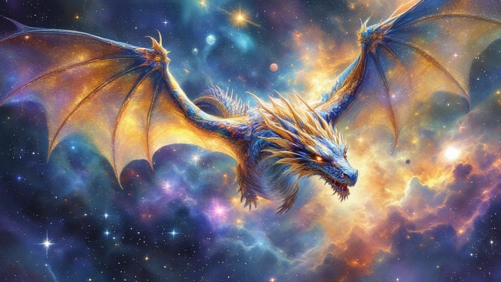 Iridescent Dragon Soaring Through Starry Expanse