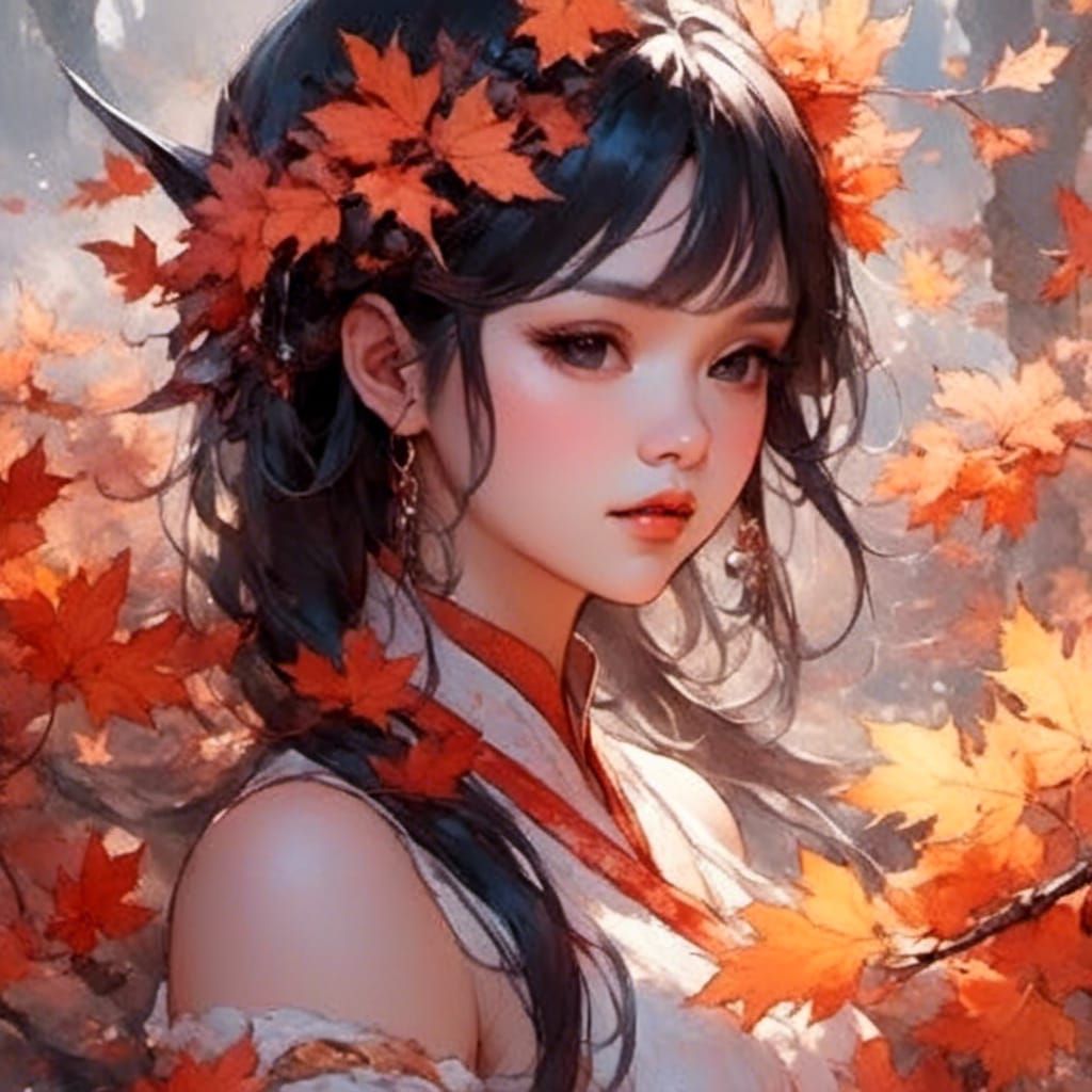 Dreamy Japanese Autumn Fairy in Watercolor