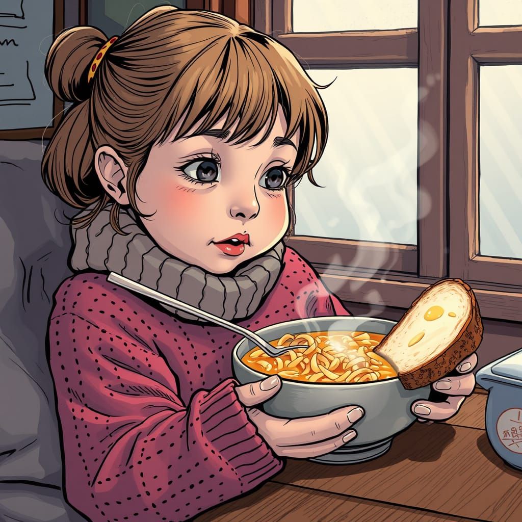 Girl Enjoys Soup in Hyper-Realistic Comic Style