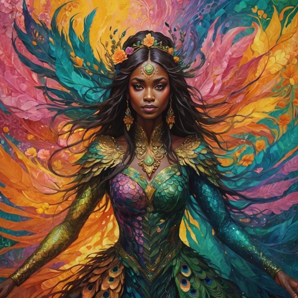 Dragon Peacock Woman in Abstract Expressionism Style