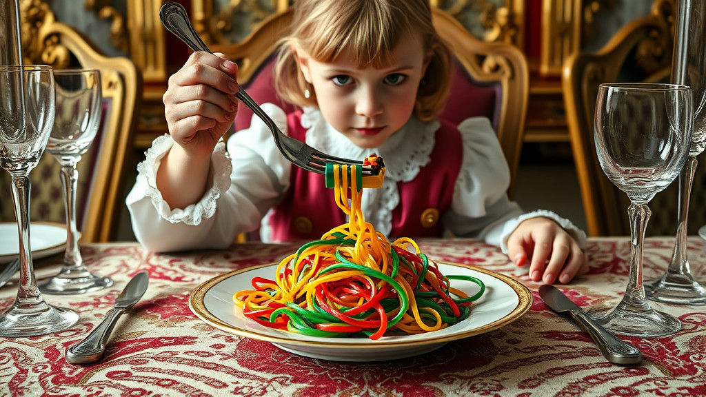 Girl's Surreal Meal: Plastic Spaghetti and Lego, Hyperrealis...
