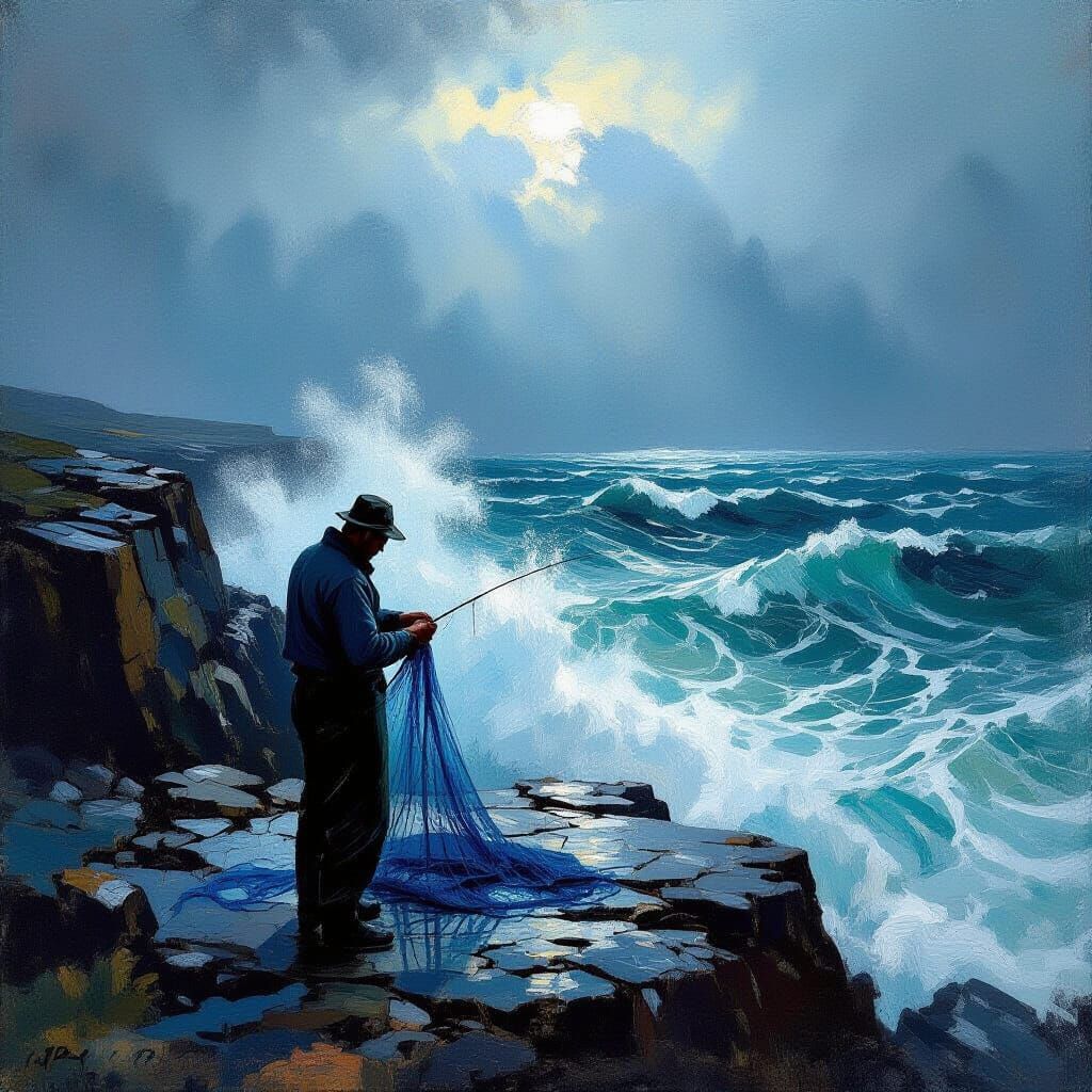 Fisherman Mending Net on Stormy Cliffside