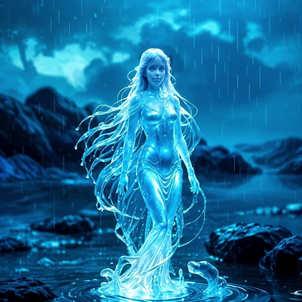 glowing hologram of water sculpture girl with long glass hai...