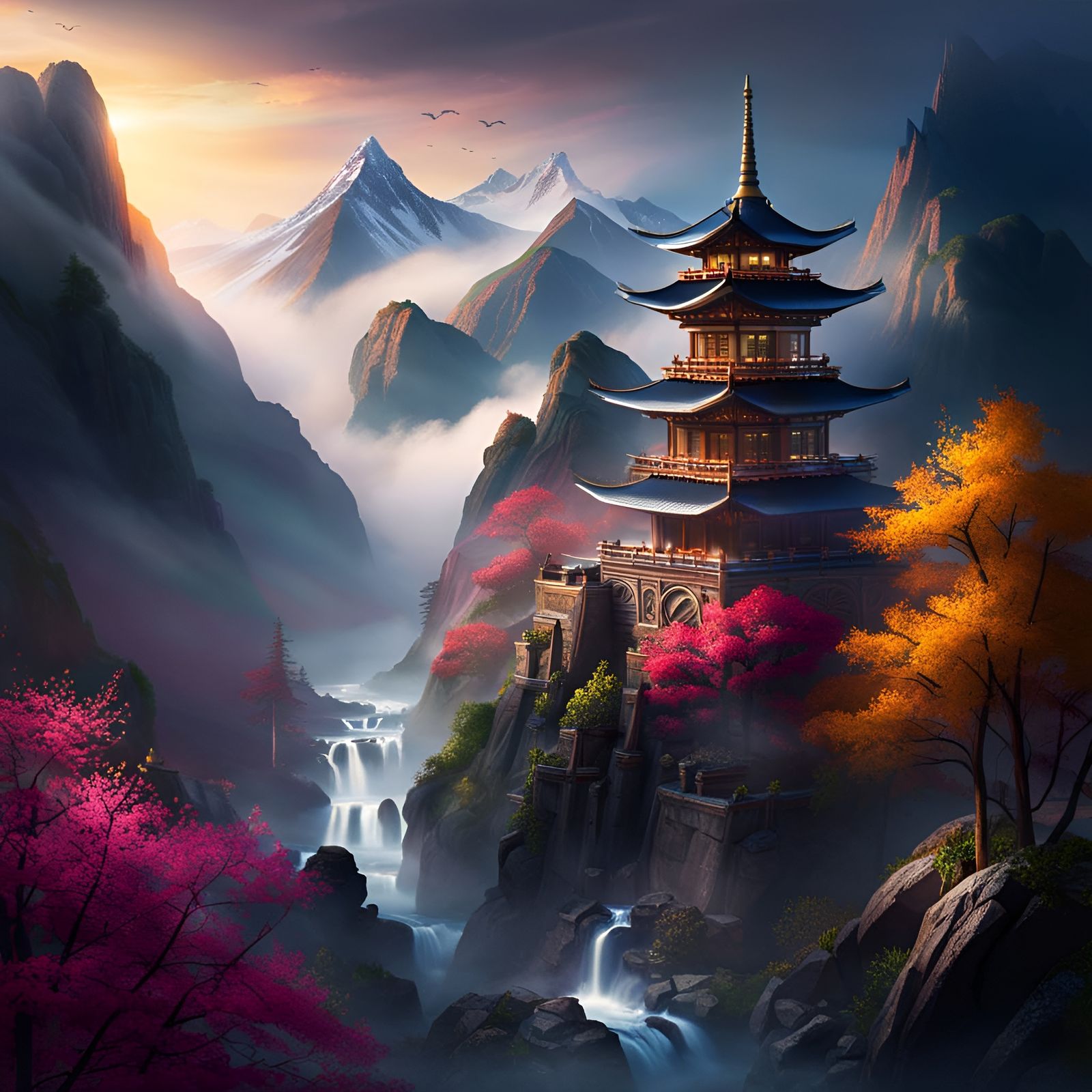 Mysterious Pagoda in Chinese Mountain Scenery