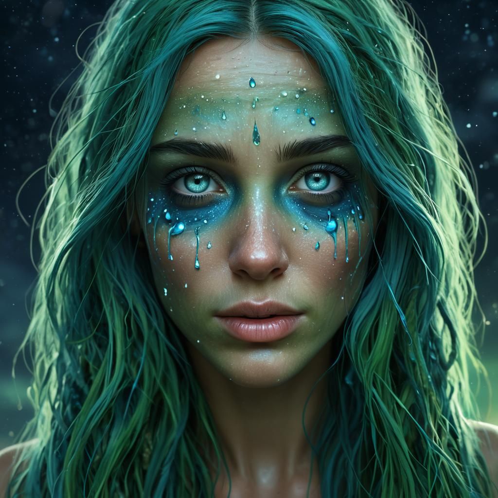 Mother Earth Weeping in a Futuristic Landscape