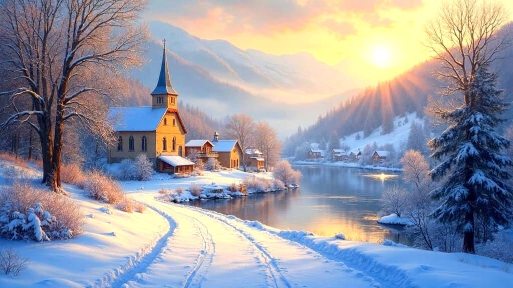 Peaceful Winter Village Church in Soft Light