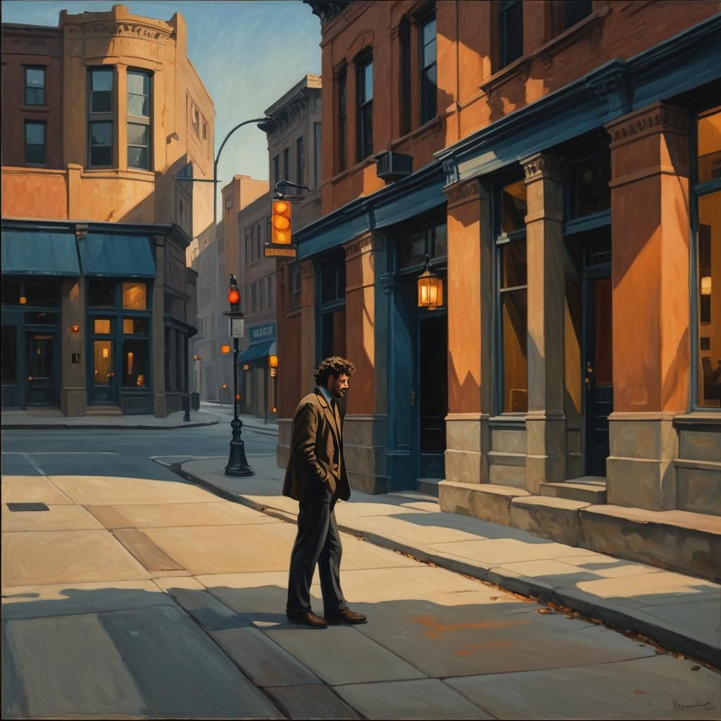 Solitary Figure in Urban Setting: Hopper-esque Oil Painting
