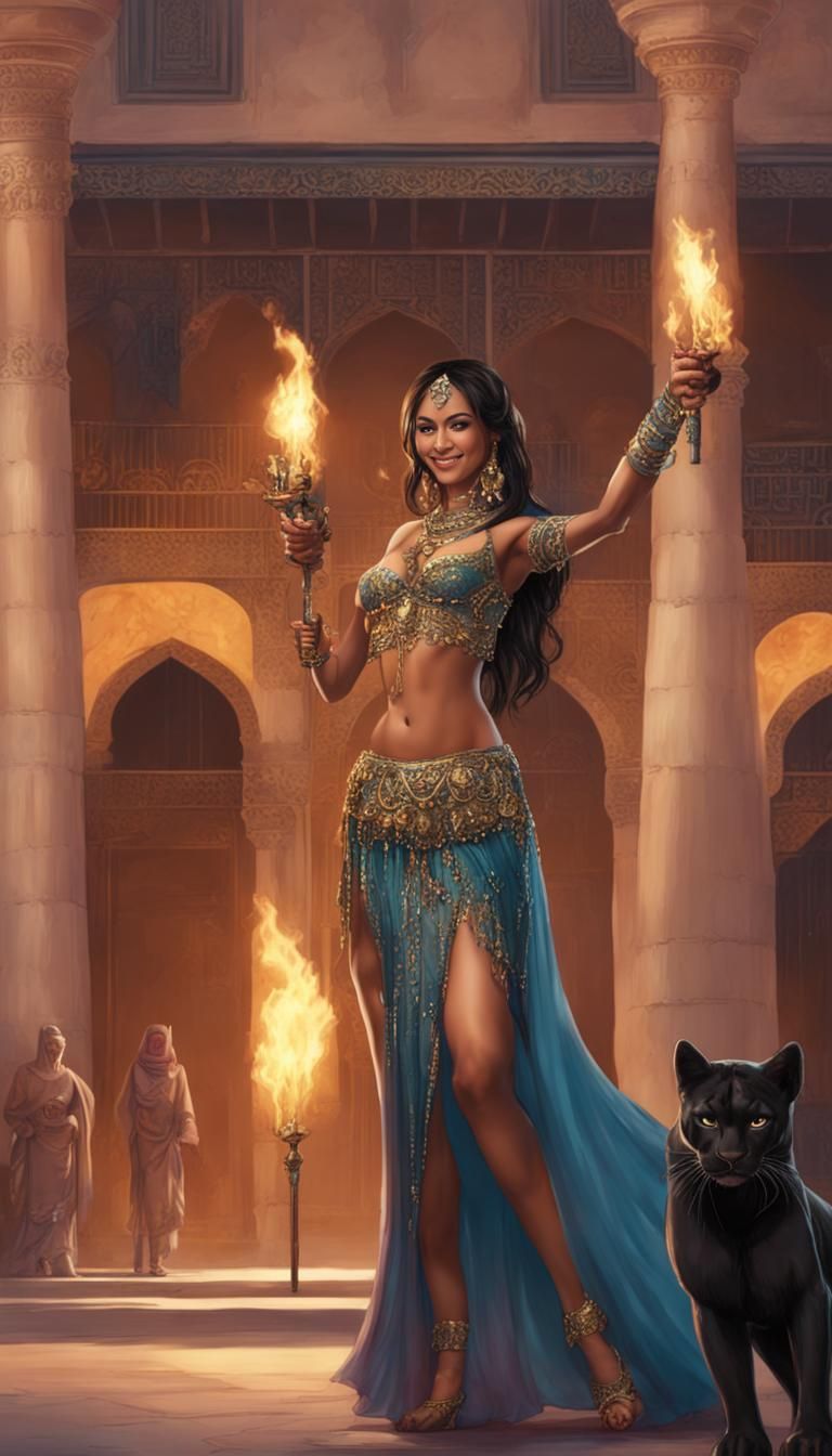 Arabian Woman with Panther in Palace Setting