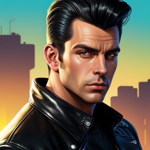 Greaser in Comic Book Style with Vintage Car