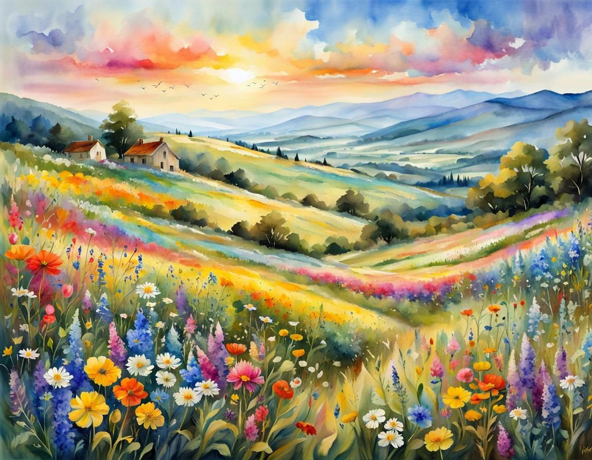 Colorful Wildflower Meadow in Watercolor Art