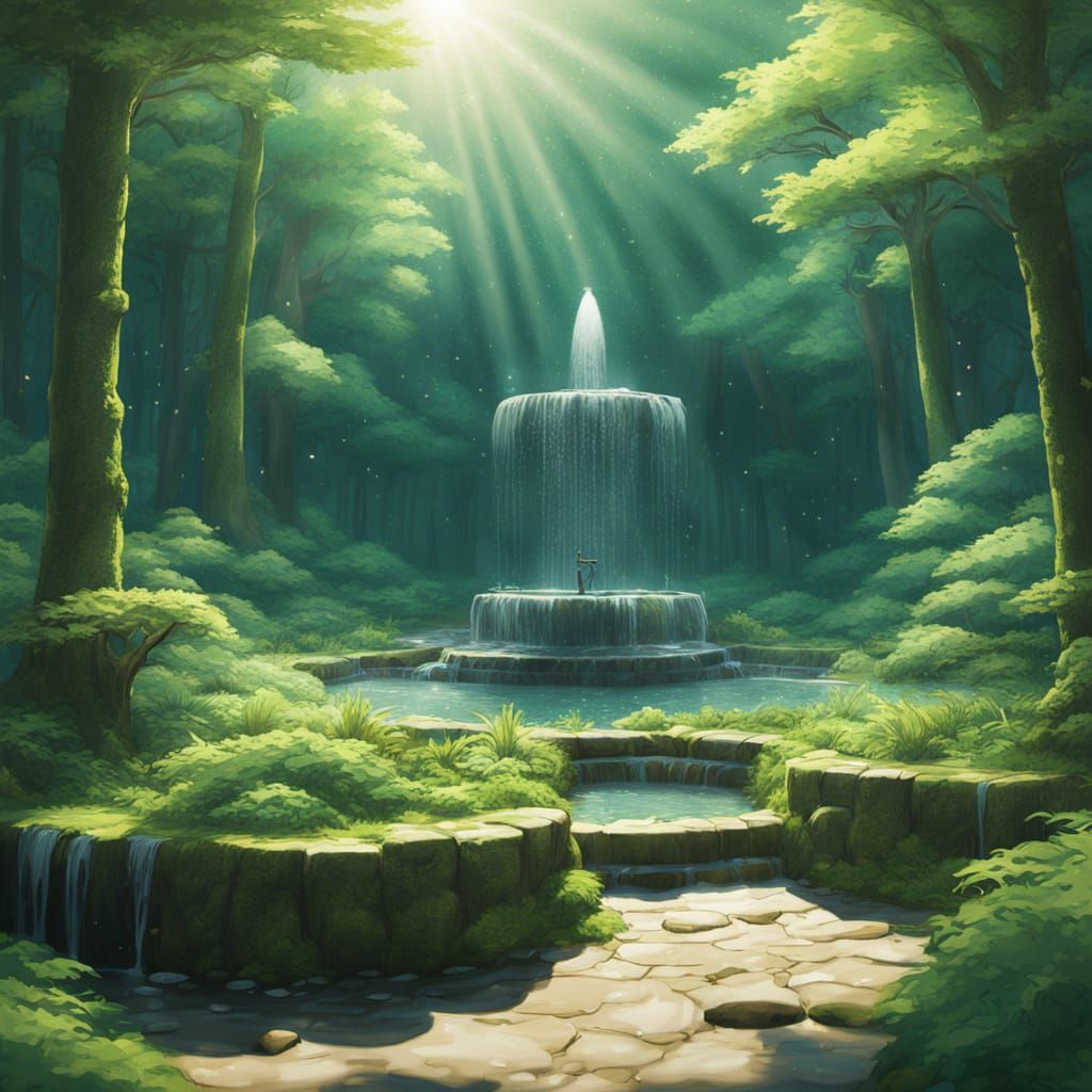 Magical Forest Fountain in Studio Ghibli Anime Style