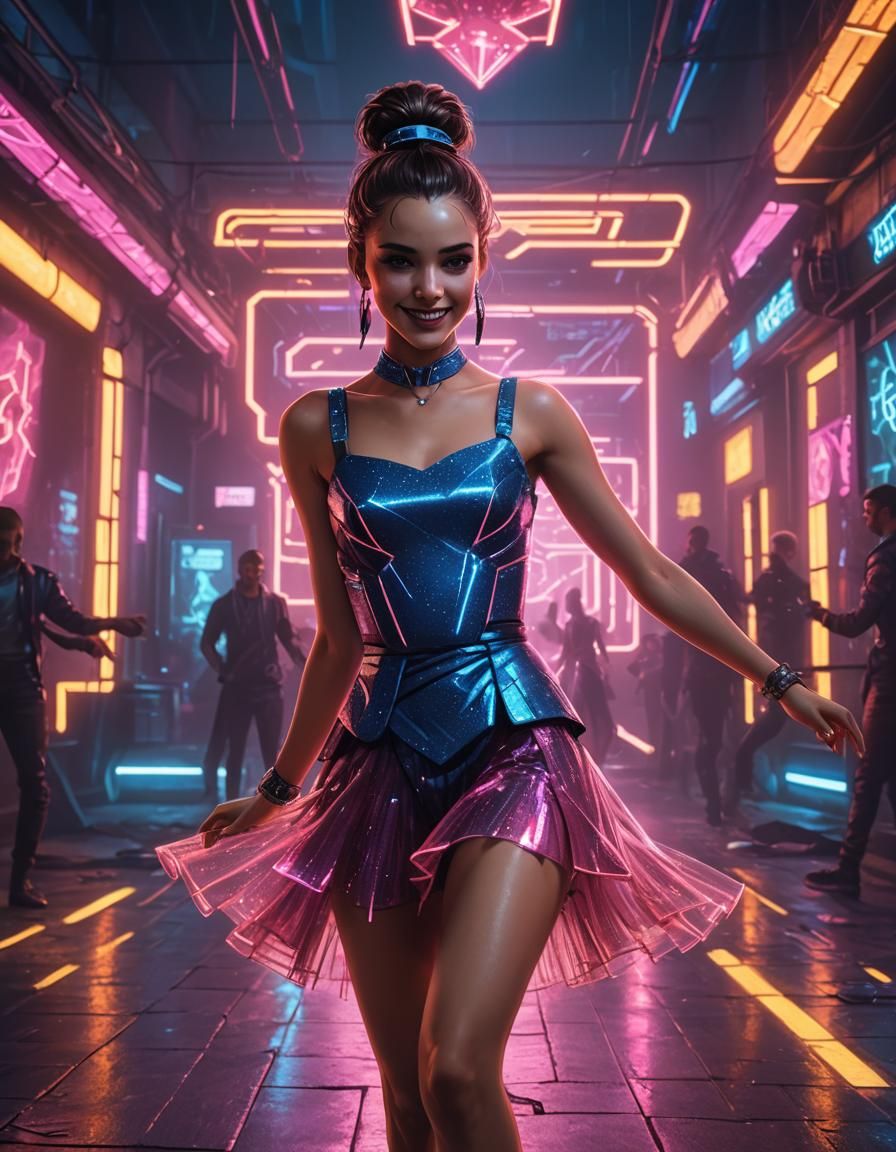 Cyberpunk Ballerina Dancing in Neon Luxury