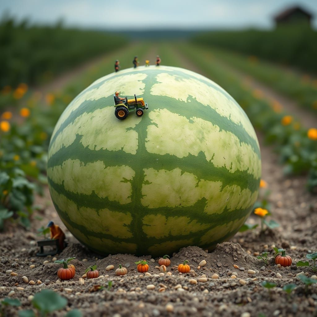 Tiny Farmers Tend to Giant Watermelon in Miniature Farmland