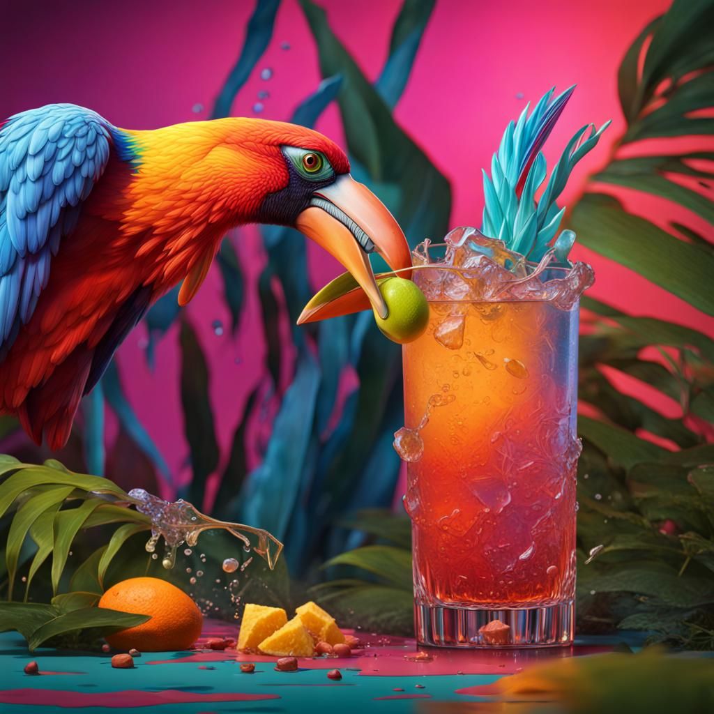 Hyperrealistic Jungle Bird Cocktail Splash Art