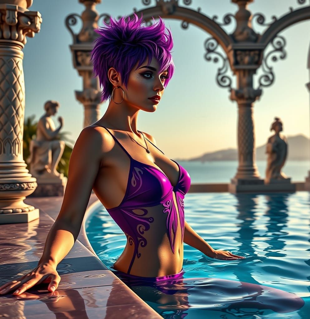 Purple-Haired Goddess Emerging from Ibiza Pool in Art Nouvea...