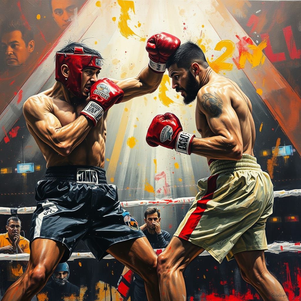 Dynamic Boxing Match in Oil and Ink