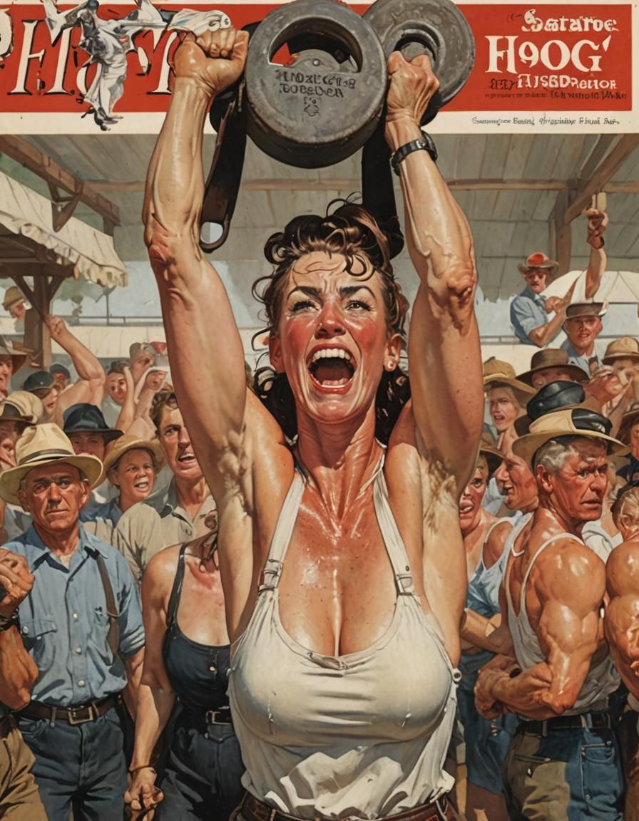 Strong Woman Lifting Weights, Rockwell Style