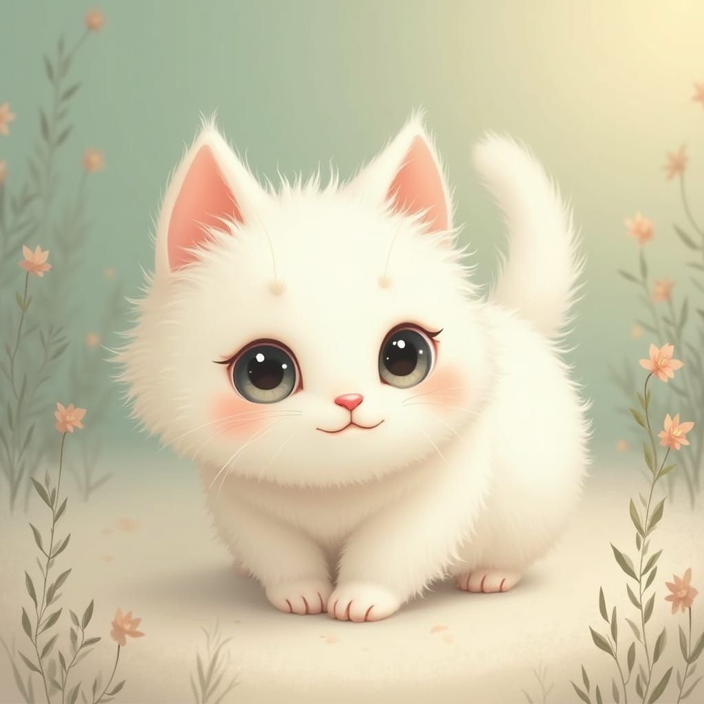White Cat Exploring Tranquil Environment as Digital Art