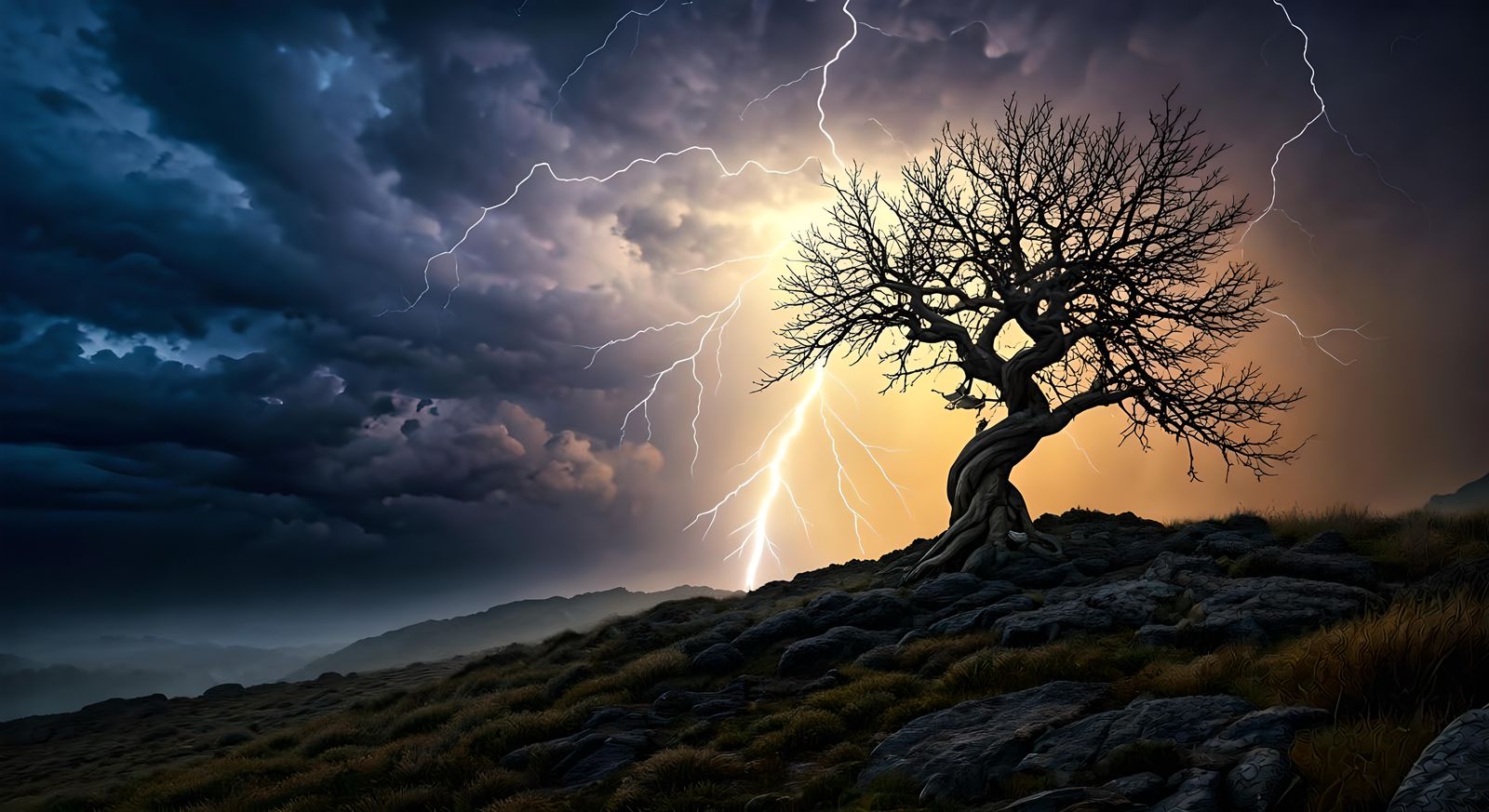 Lone Tree on Hill During Thunderstorm