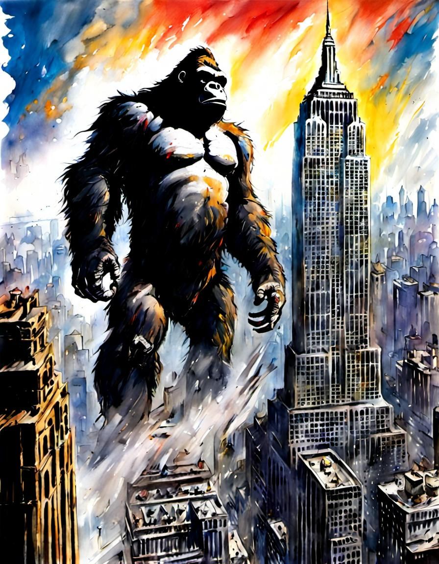 King Kong in 1930s New York, Watercolor Illustration