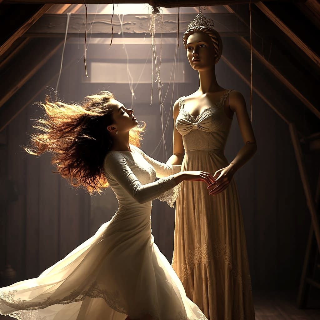 Woman Dancing with Mannequin: Dark Fantasy Art