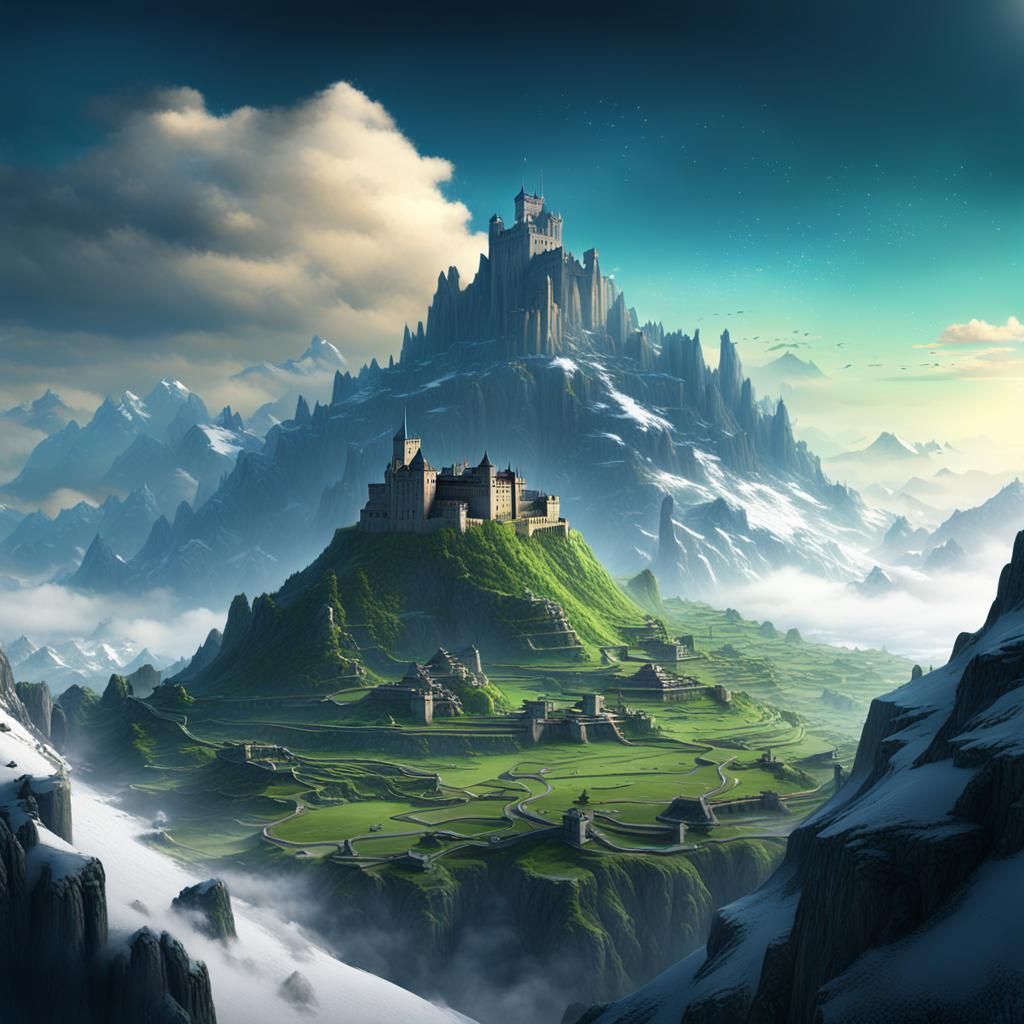 Mountain Fortress in Green Pasture: Matte Painting
