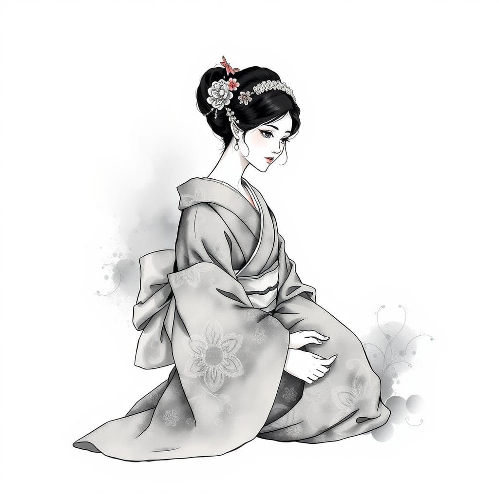 Kimono Woman: Delicate Black and White Watercolor Portrait