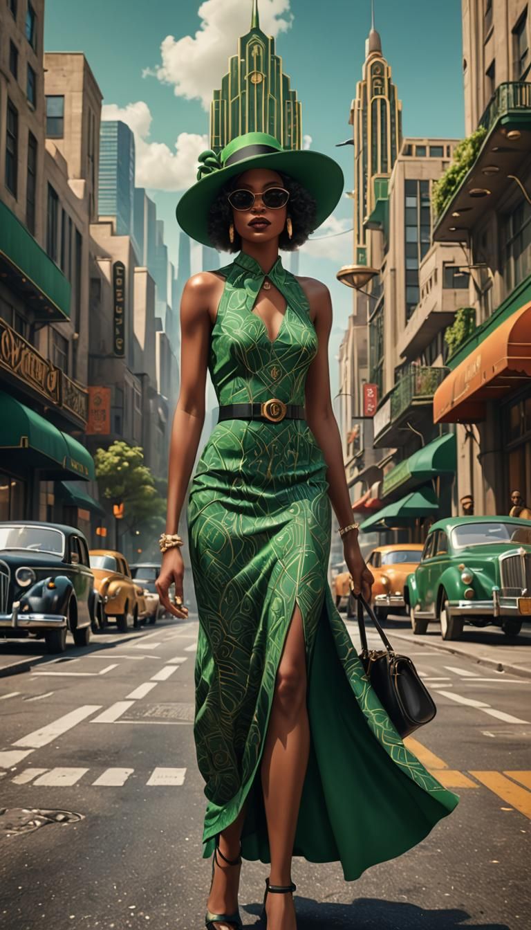 Art Deco City Scene with Woman in Green