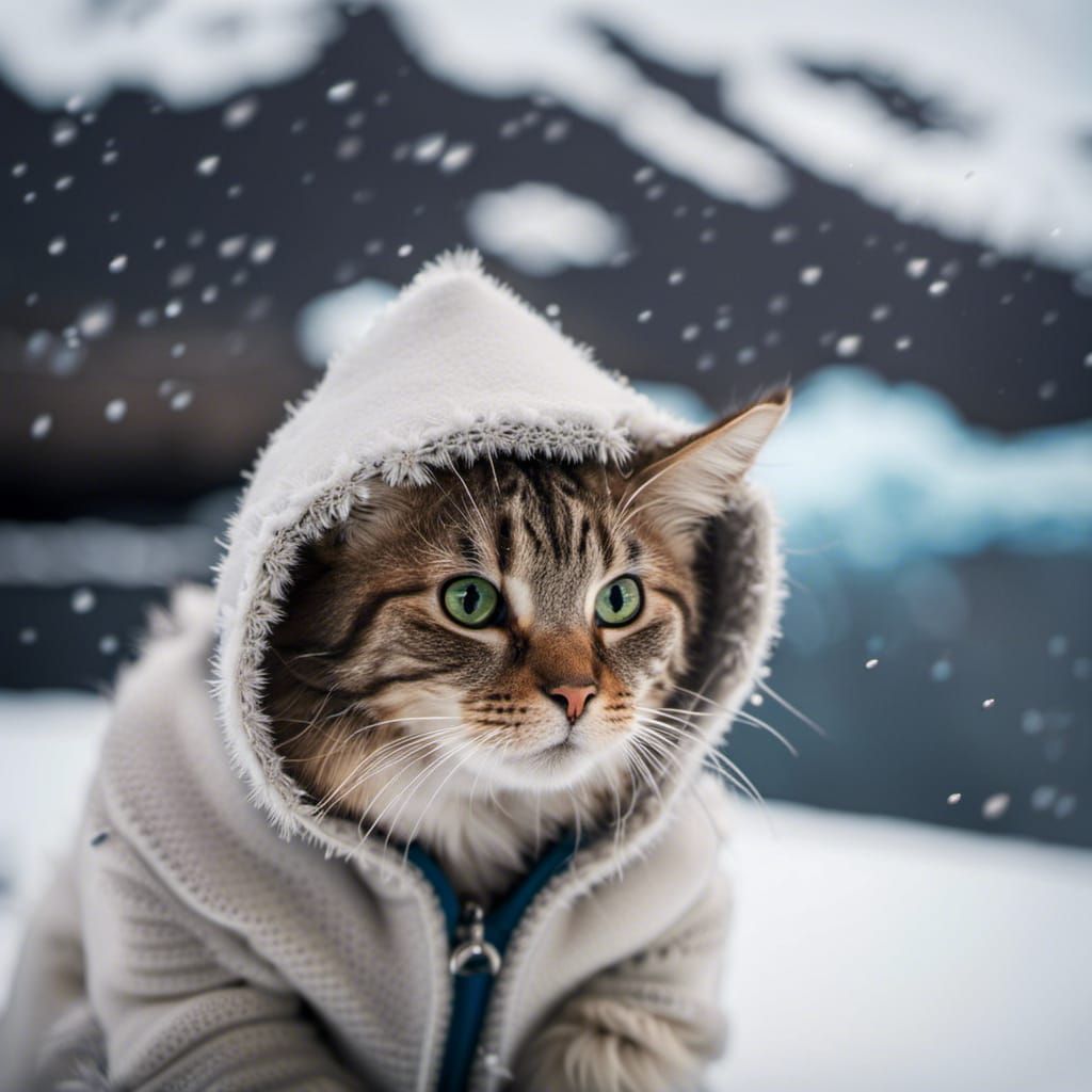Cat in Hoodie: Antarctic Snowfall Cuteness