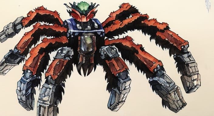 Incandescent Mecha Tarantula in Watercolor Style