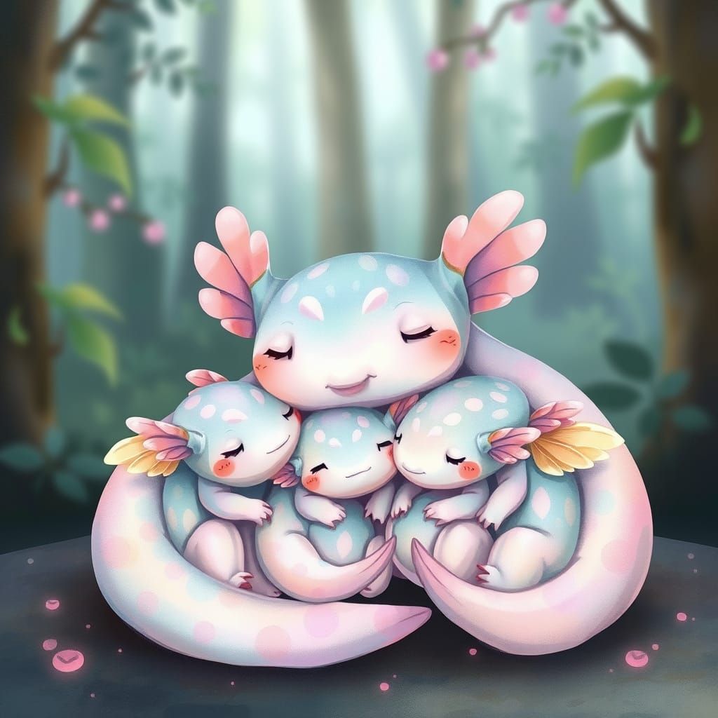 Pastel Axolotl Family Soars in Dreamy Whimsy