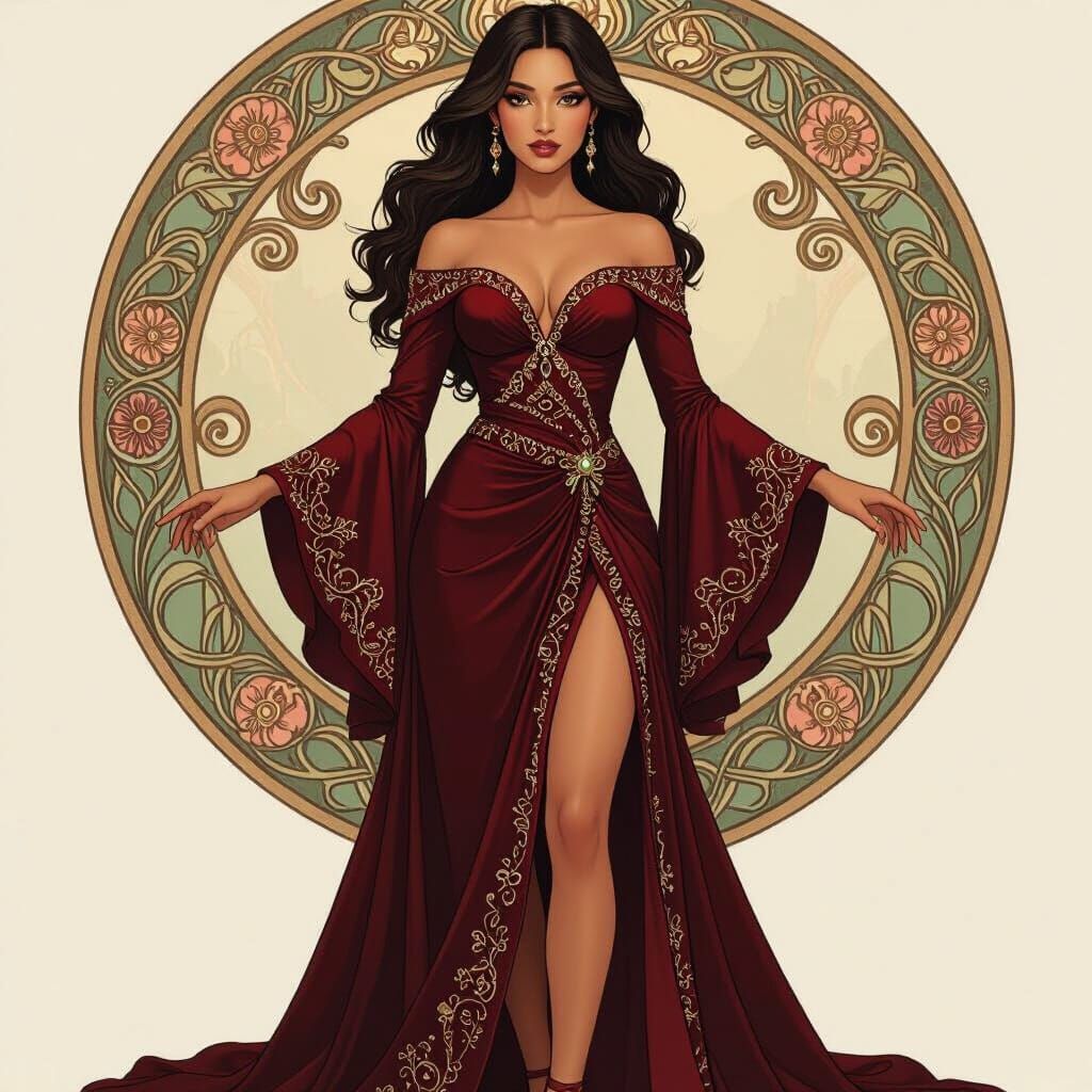 Elegant Princess in Alphonse Mucha Style Gown