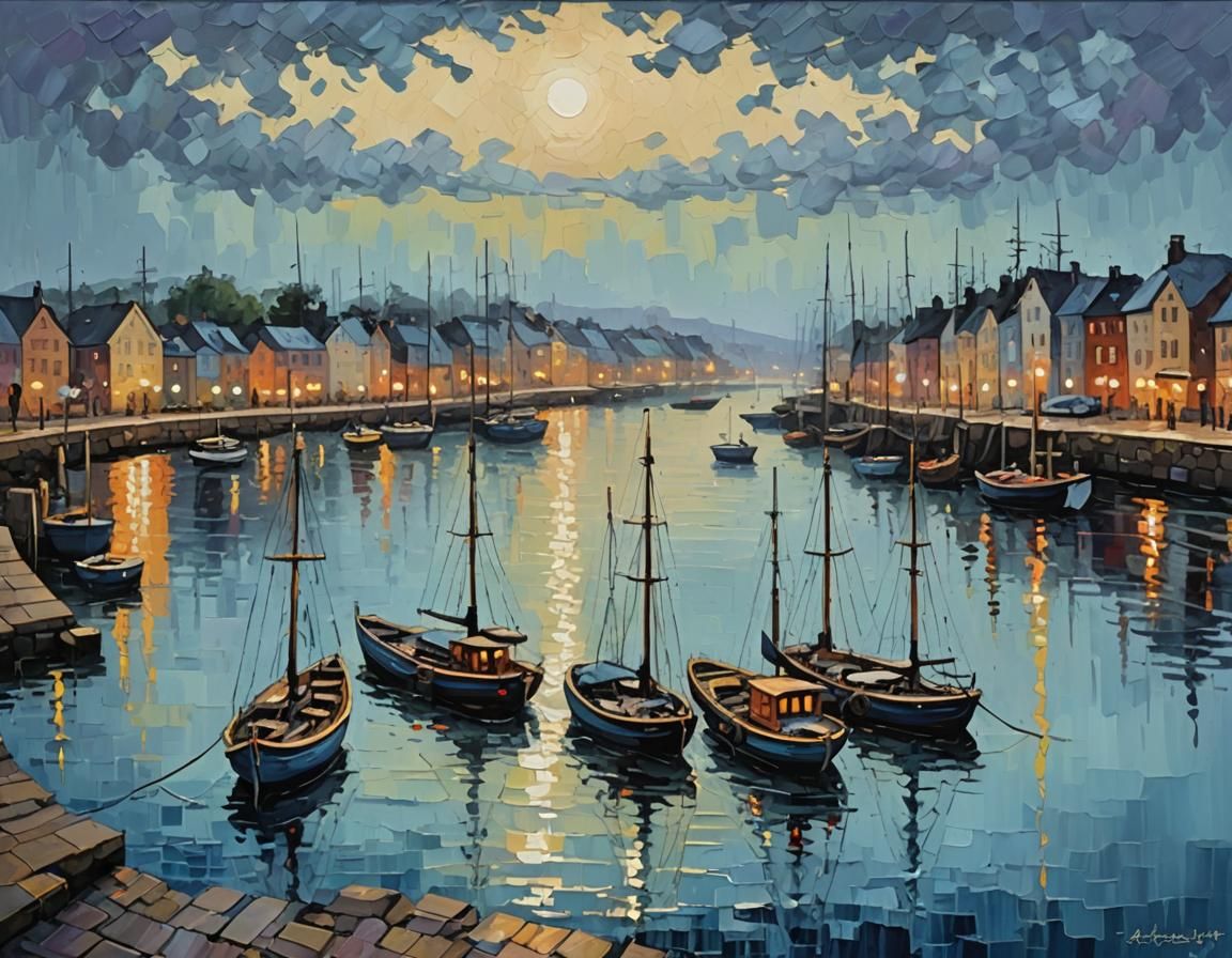 Surreal Harbor at Pale Blue Hour as Oil Painting