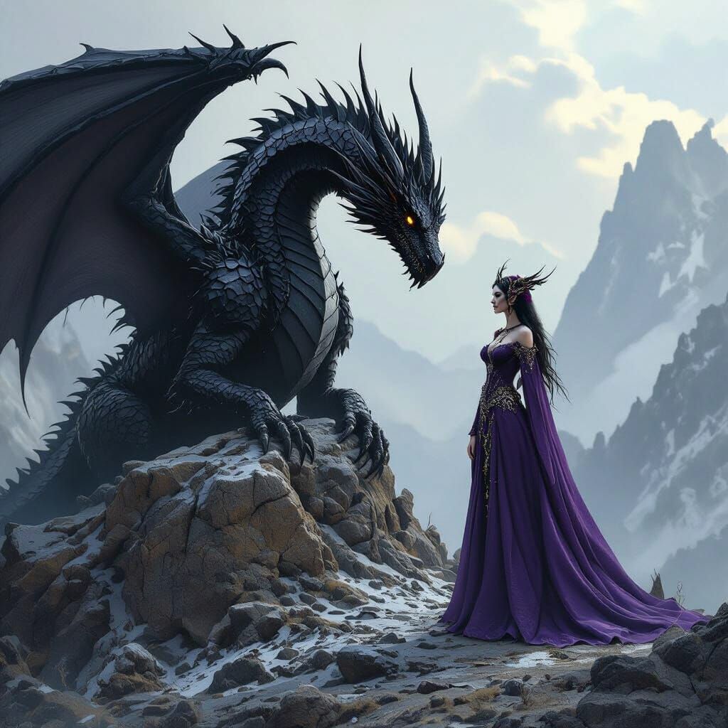 Dragon Landing Beside Dark Fairy Sorceress