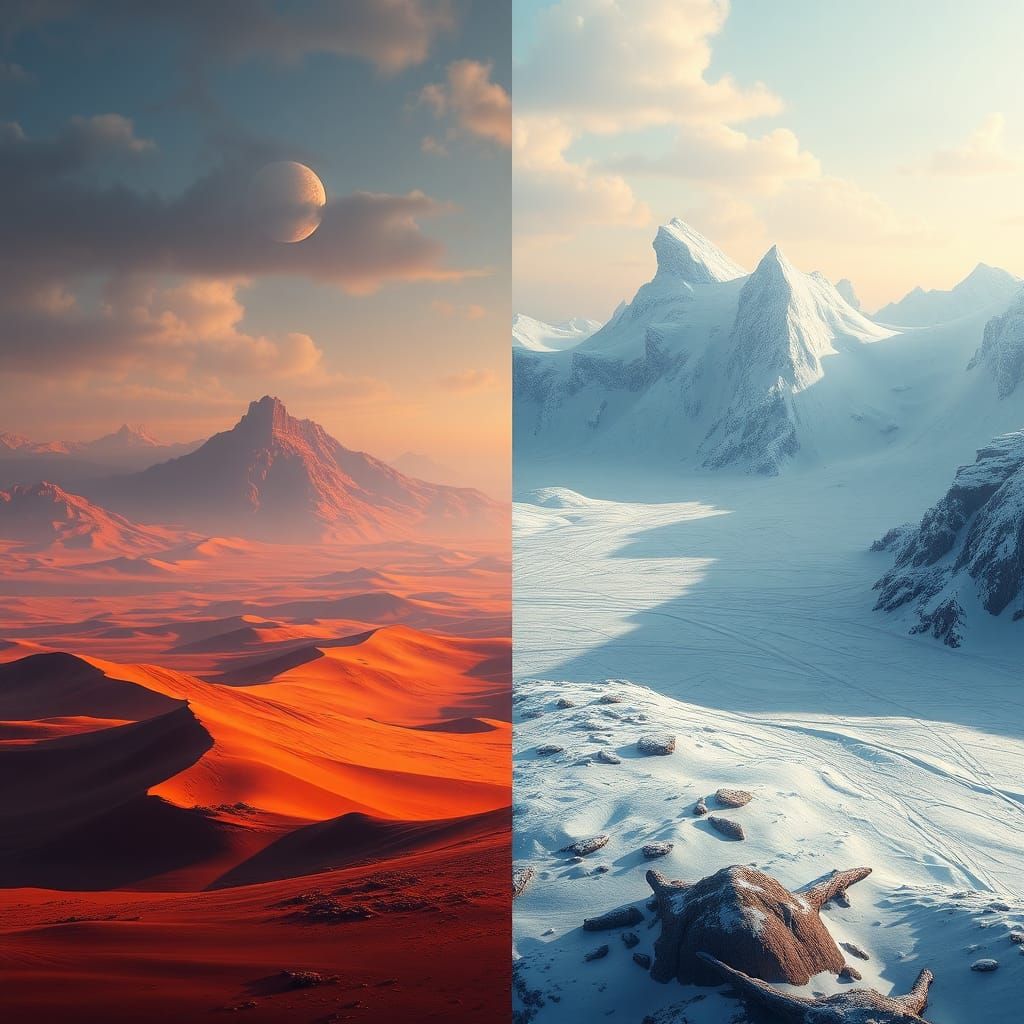 Contrasting Desert and Tundra Landscape in Detailed Matte Pa...