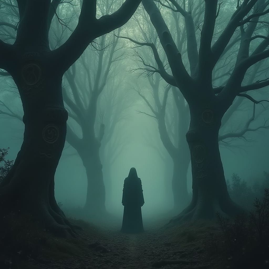 Mysterious Figure in Misty Forest, Digital Painting