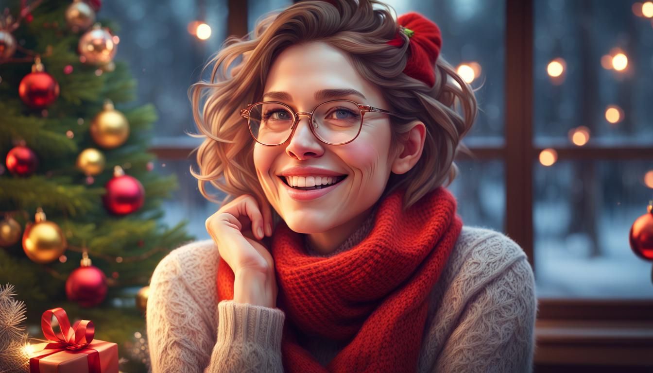 Festive Woman Laughing on Christmas Day
