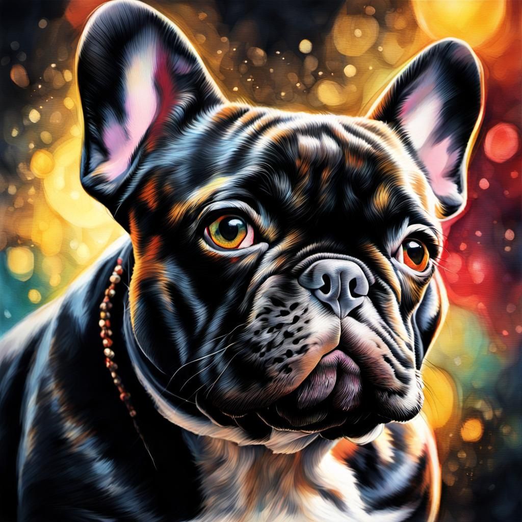 Colorful Black French Bulldog Drypoint Portrait