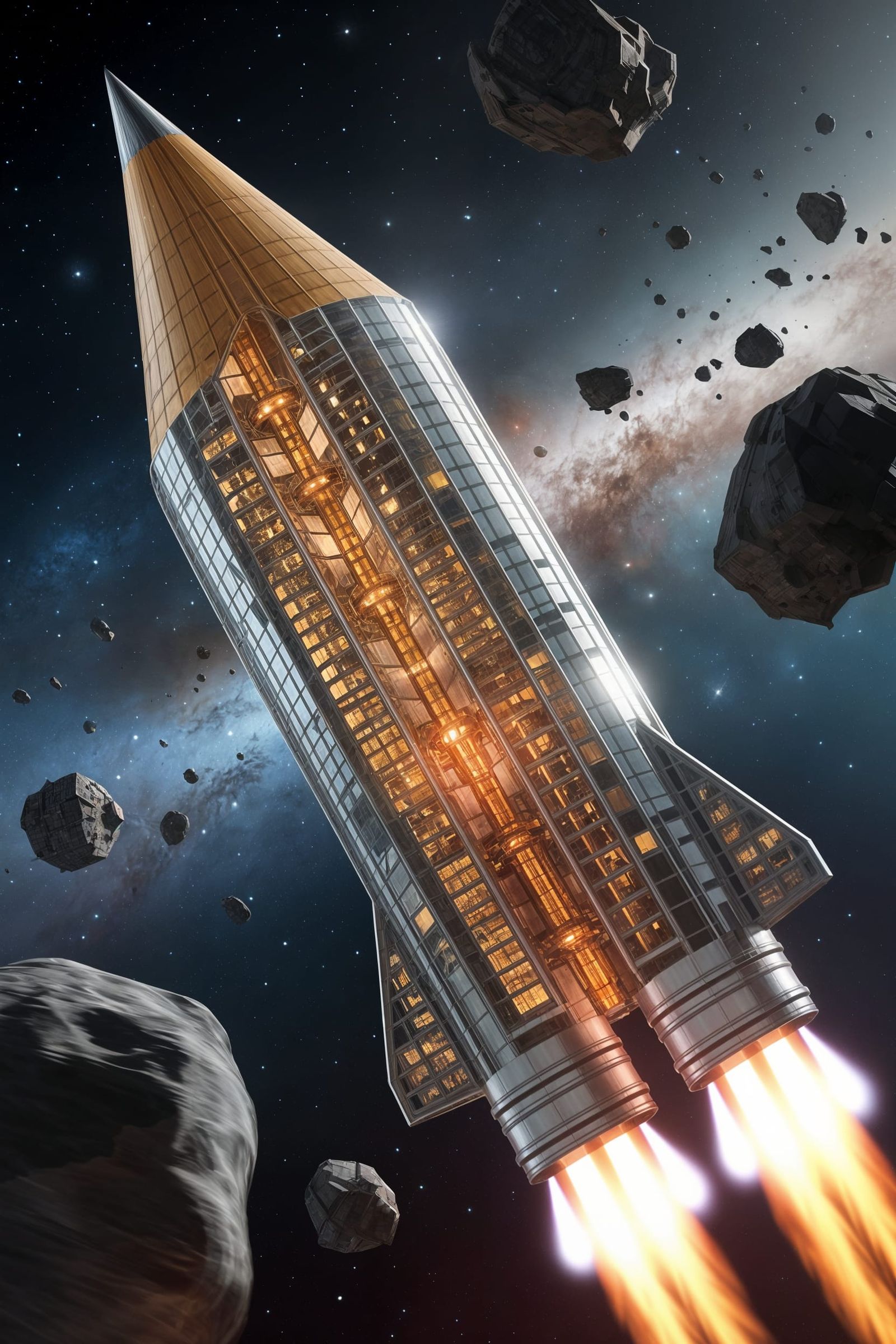 Glass & Steel Pencil Spaceship Navigating Deep Space