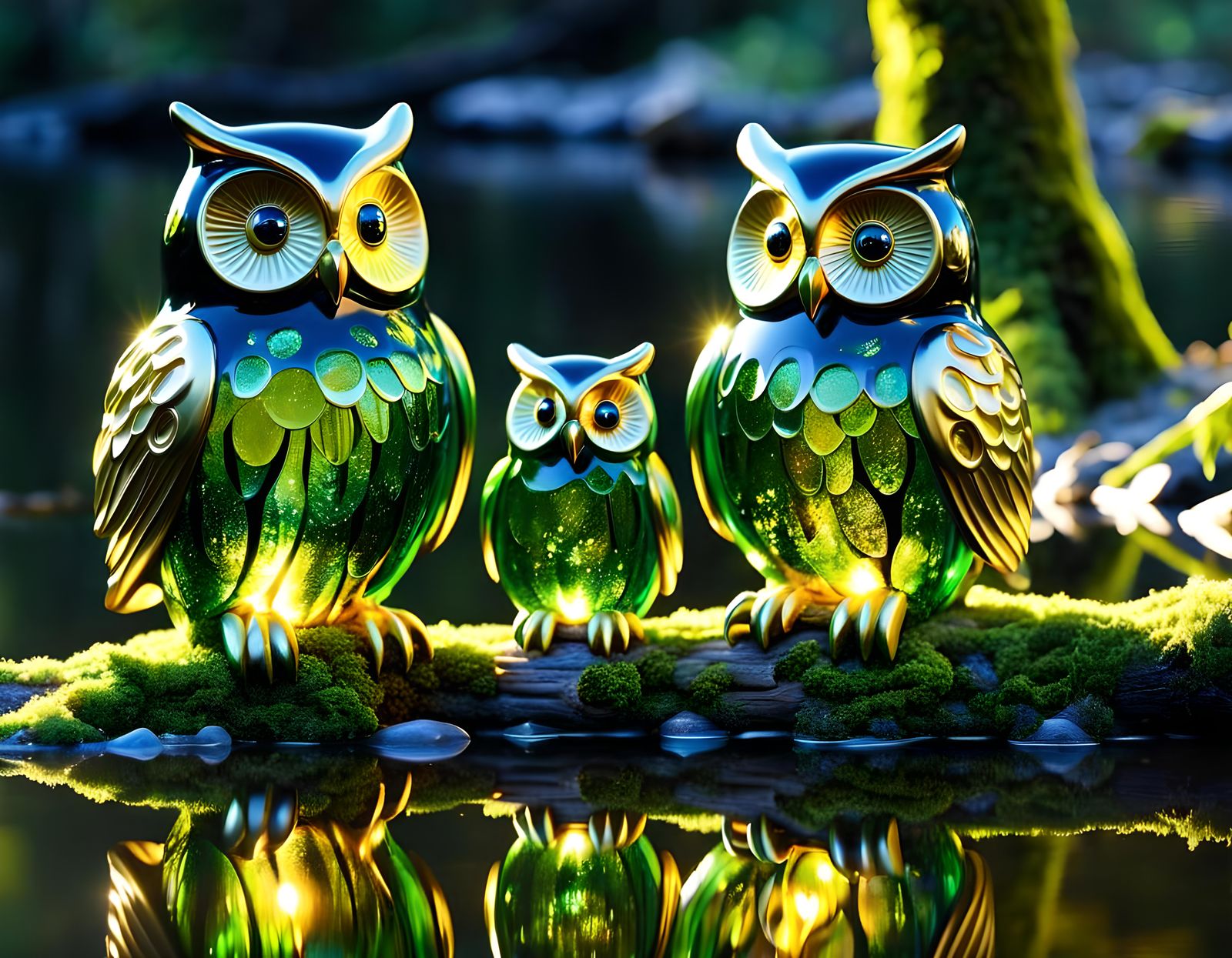 Enameled Glass Owls by River in Golden Light