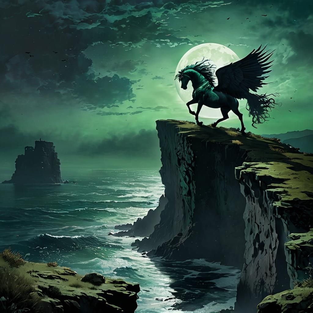 Pegasus Silhouette in Moonlight, Fantasy Art