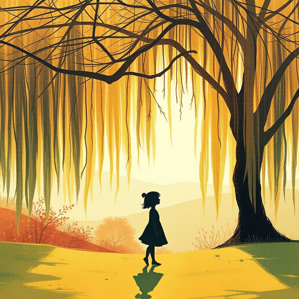 Girl Under Willow Tree in Minimalist Style